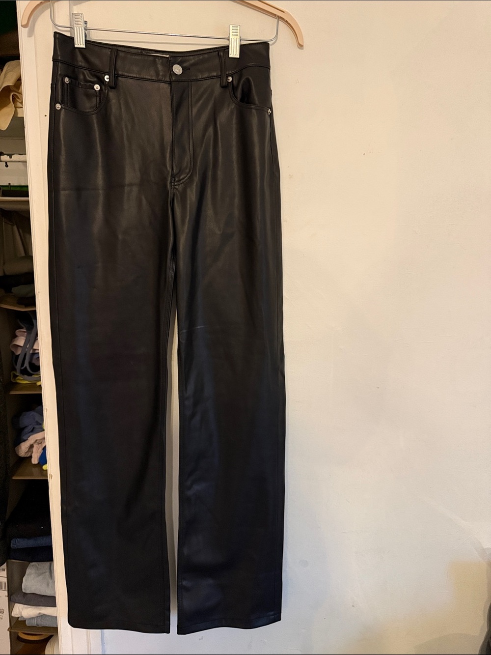 Zara Black Faux Leather Straight-Leg Jeans